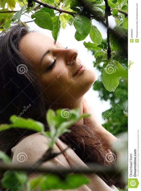 Beautiful Woman Standing By Blossoming Tree Stock Image Image Of Light Female 29968607