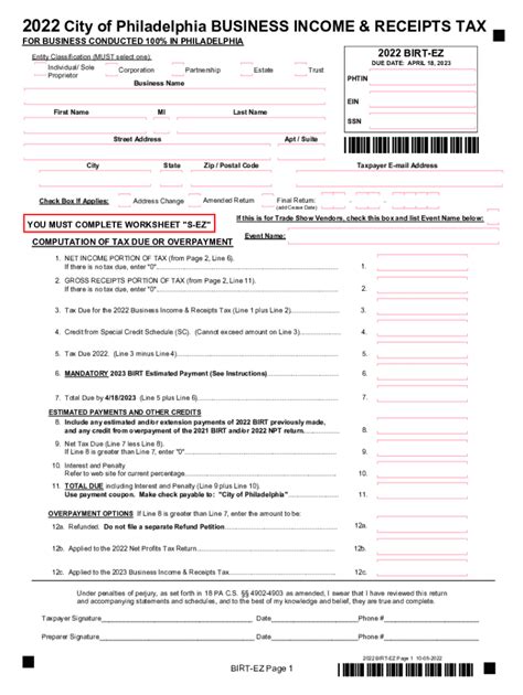Fillable Online 2022 Birt Ez Tax Returnpdf Philadelphia Fax Email
