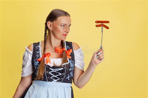 Comic Portrait Of Beautiful Oktoberfest Woman Waitress Wearing A