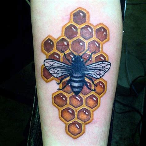 Black Bee On Golden Honeycomb Tattoo Males Forearms Honeycomb Tattoo
