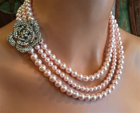 Blush Pearl Necklace With Brooch With Multi Strands Rosaline