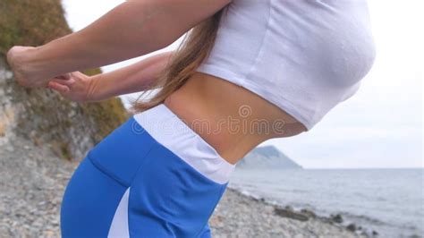 Flat Belly Girl During Breathing Exercises Bodyflex Belly Close Up