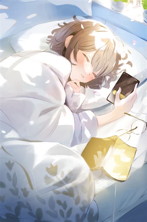 Safebooru 1girl Bed Blanket Blush Book Brown Hair Cellphone Commentary Request Drooling