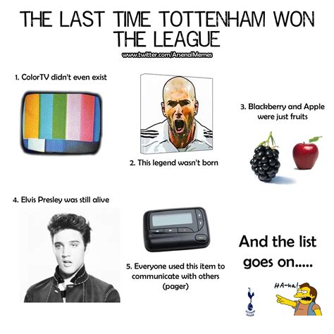 Le club est désigné généralement sous le nom de tottenham ou des spurs, alors que ses propres supporters les appellent les lilywhites en raison de leurs maillots traditionnellement blancs. Arsenal Memes on Twitter: "The last time Tottenham won the ...