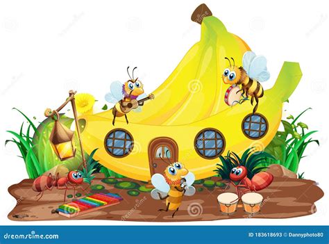 Insect Musical Band Playing In Front Of Banana House Stock Vector