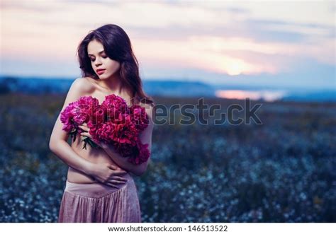 Beautiful Brunette Woman Posing Sunset Field Stock Photo