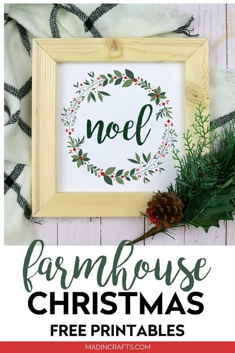 The Farmhouse Christmas Printable Is Displayed With Pine Cones And Greenery