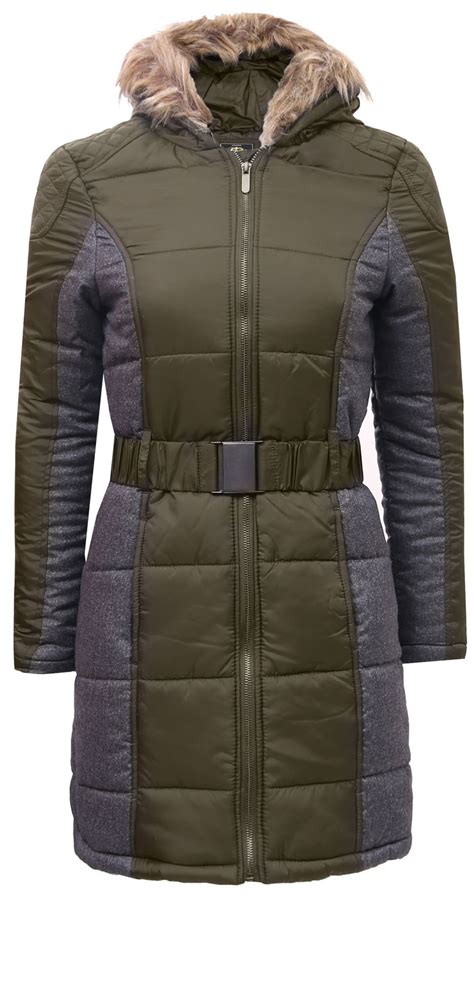 brave soul ladies quilted padded fur hooded belted parka jacket womens