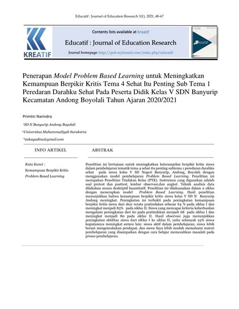 Pdf Penerapan Model Problem Based Learning Untuk Meningkatkan