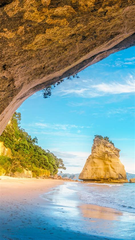 View From The Cave At Cathedral Cove Beach Coromandel New Zealand