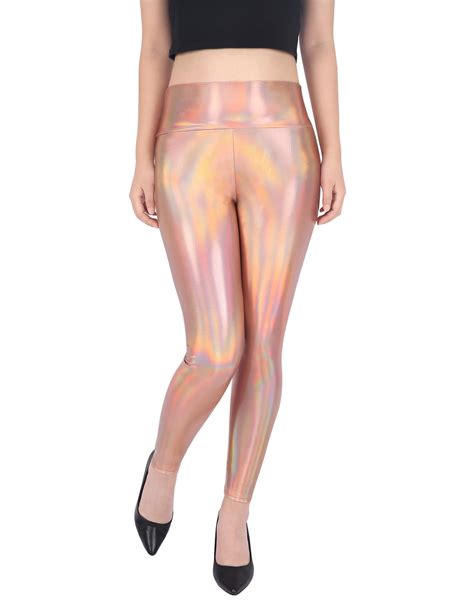 hde women s shiny holographic leggings liquid metallic pants iridescent tights rose gold large