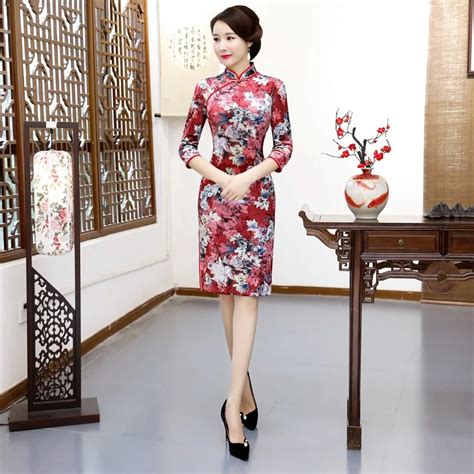Chinese Traditional Print Flower Women Qipao New Autumn Velvet Dress