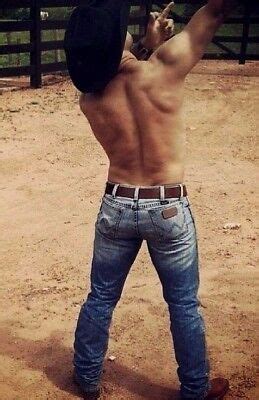 Shirtless Male Muscular Beefcake Cowboy Tight Jeans Backside View Photo
