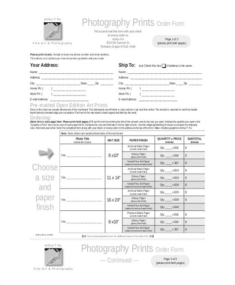 sample photography order form  examples  word