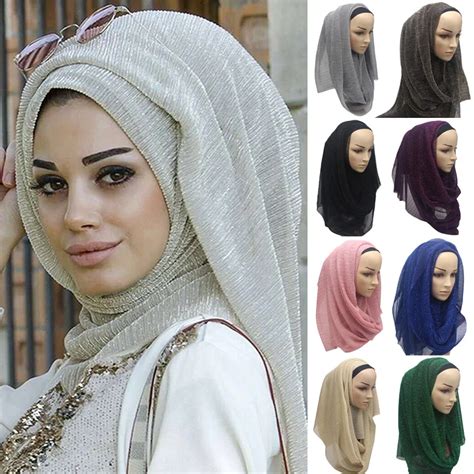 Women Shining Muslim Scarf Crinkle Hijab Elastic Wrinkled Head Shawl