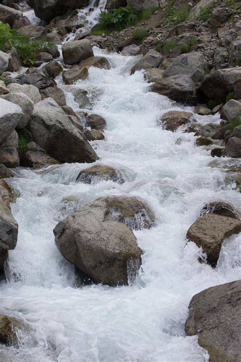 Mountain River Water Stream Over Rocks In The Forest Stock Image