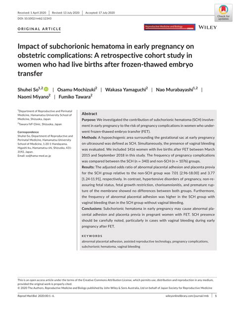 Pdf Impact Of Subchorionic Hematoma In Early Pregnancy On Obstetric