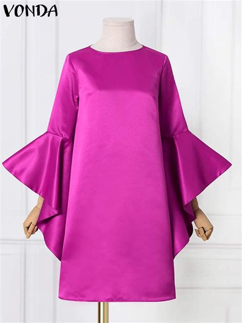 Vonda Women Elegant Satin Ruffled Party Dress 2022 Autumn Solid Long F