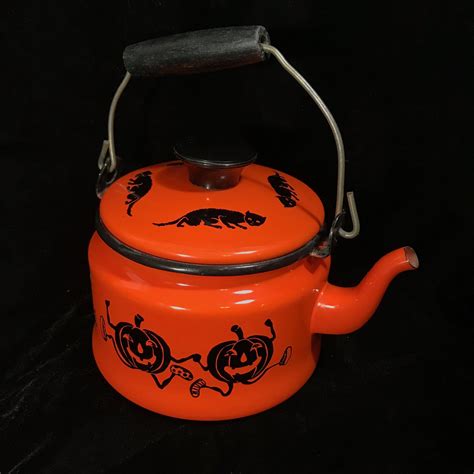 Reclaimed Vintage Enamel Orange Tea Kettle Pot Halloween Wood Handle