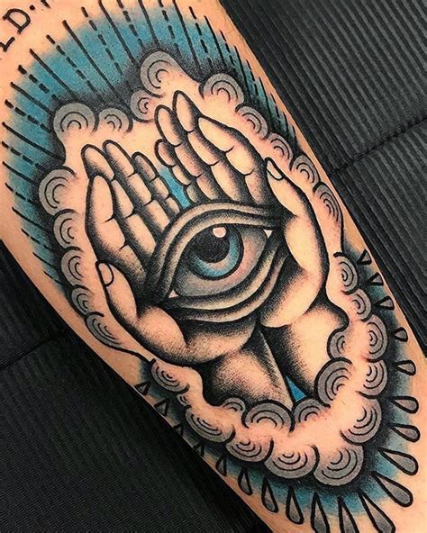 Traditional Hands And Eye In The Clouds Tattoo By Gaiazeta