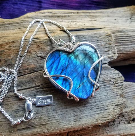 Large Labradorite Heart Wire Wrapped Pendant With 18 Inch Rounded Box