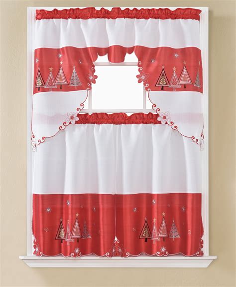 Christmas Tree Embroidered Tier And Swag Kitchen Curtain Set