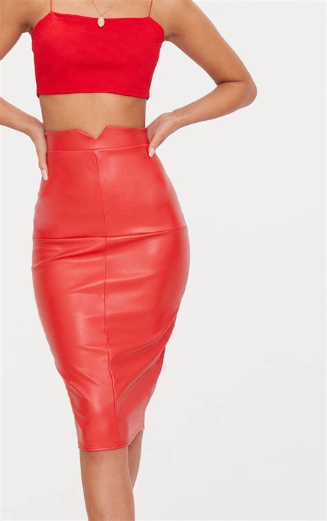 Red Faux Leather Panel Midi Skirt Skirts Prettylittlething Usa