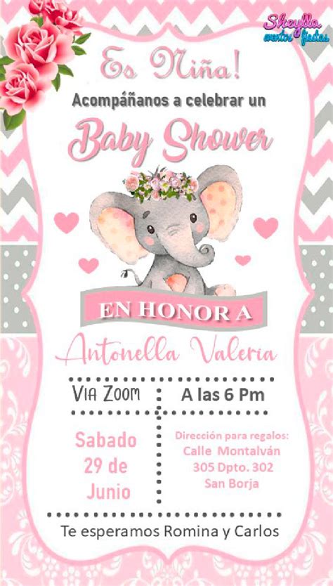 Tarjeta De Invitación De Baby Shower Elefantita B Plantillas De
