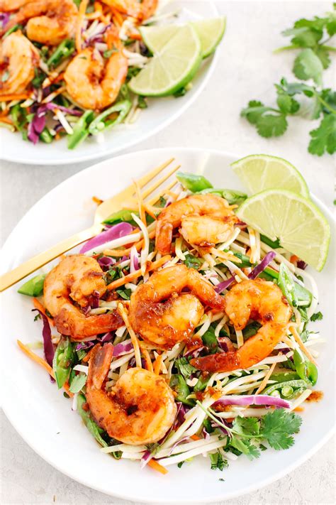 This healthy cold shrimp salad with chives, red onions, celery, a wee bit of mayonnaise, and horseradish is one of my favorite light and crunchy recipes. Asian Shrimp Salad with Ginger Sesame Dressing - Eat Yourself Skinny