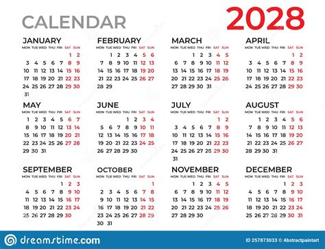 Kalender 2028 Sjabloonplanner 2028 Jaarkalender Muur 2028 Sjabloonweek
