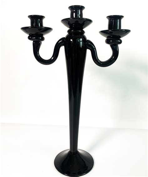 Vintage Tall Black Glass Candleabra Retro 3 Candle Holder Mid Century Black Tall Home