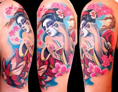 Watercolor Geisha And Cherry Blossoms Tattoo On Half Sleeve