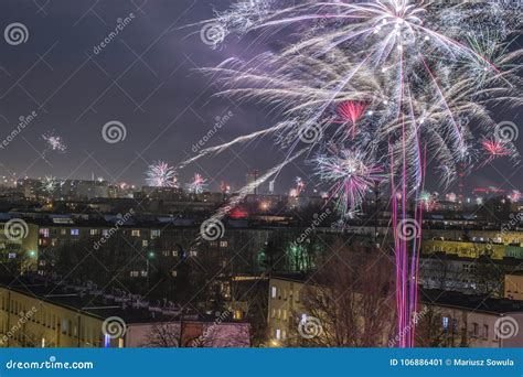 Celebration Of New Year`s Fireworks In The City Stock Image Image Of
