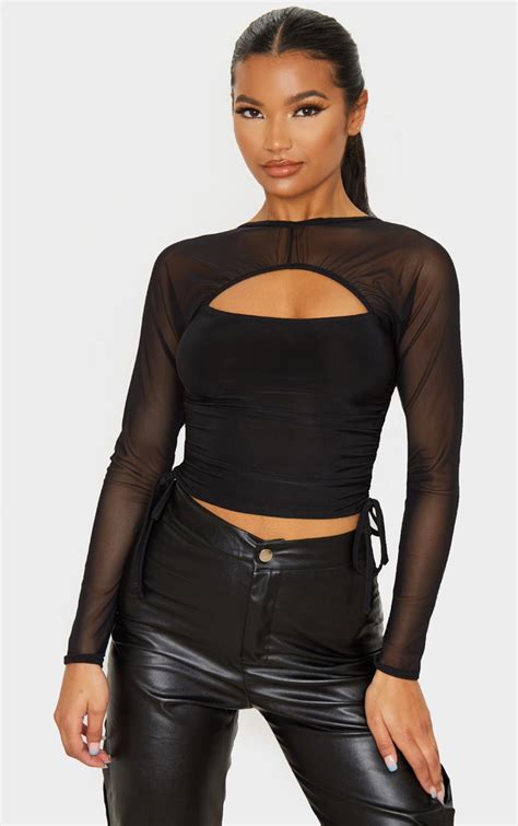 Black Mesh Cut Out Detail Crop Top Tops Prettylittlething
