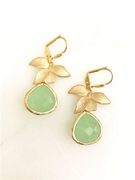 Mint Teardrop Drop Earrings With Gold Orchid Mint Dangle Etsy Canada