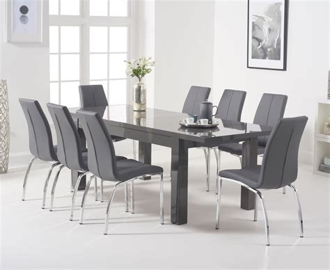 8 Seater Dark Grey High Gloss Dining Table And Chairs Homegenies