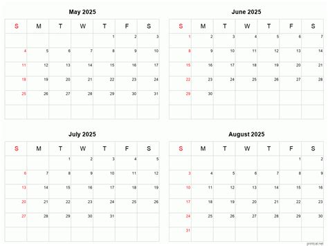 May To August 2025 Printable Calendar Four Months Per Page Printable