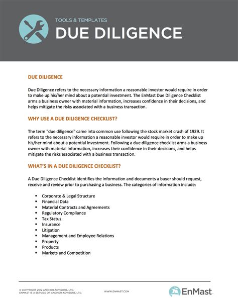 Due Diligence Checklist A Business Owners Tool For Decision Making
