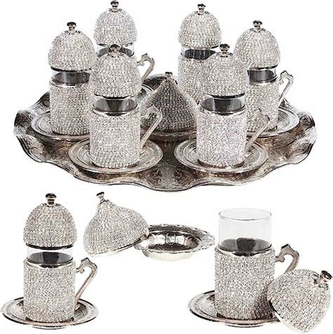 Turkish Tea Glasses Set Saucers Holders Swarovski Crystal Set My Xxx
