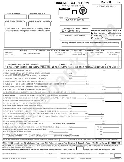 Form R Income Tax Return City Of Akron Ohio Printable Pdf Download