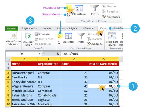 Microsoft Excel Classificar os dados por número hora ou data