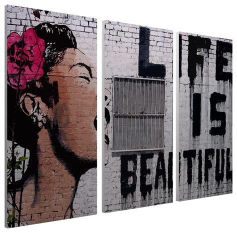 Banksy Life Is Beautiful Canvas Triptych Wall Art 48x30