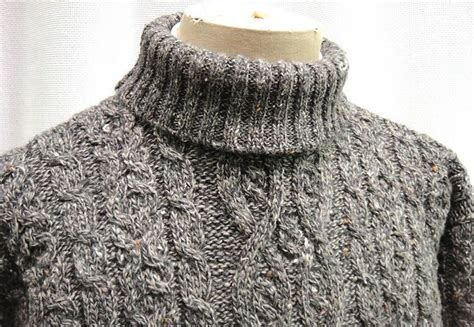 Irish Cable Fisherman 100 Pure Wool Sweater Mens Gray Turtleneck A