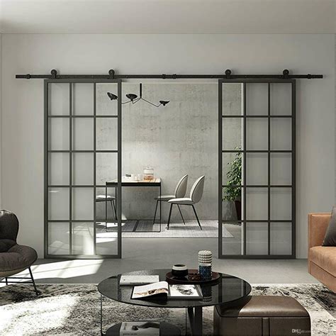 2021 New Interior Black Aluminum Framed French Panel Barn Door Clear