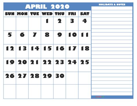 April 2020 Calendar With Holidays Free Printable By Word