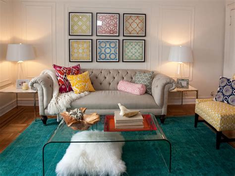 White Eclectic Living Room With Teal Area Rug Hgtv