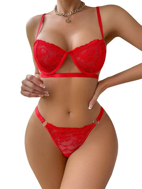 lilosy scallop sexy underwire push up floral lace sheer lingerie set for women see through and