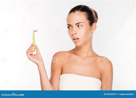 Woman With Pure Skin Holding Razor Blade Preparing To Shave Stock Image Image Of Personal