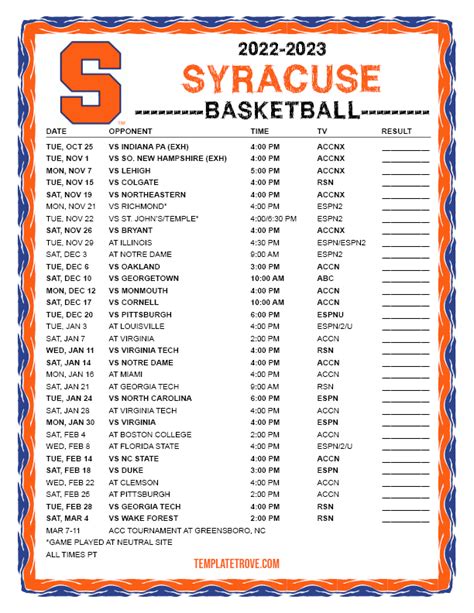 Printable 2022 2023 Syracuse Orange Basketball Schedule