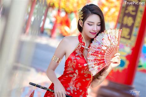 Thailand Hot Model Janet Kanokwan Saesim Sexy Chinese Girl Red Dress Traditional
